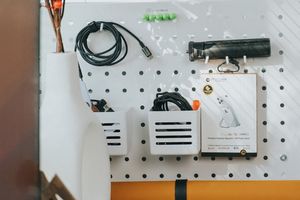 Minimalist office setup with purple light accents